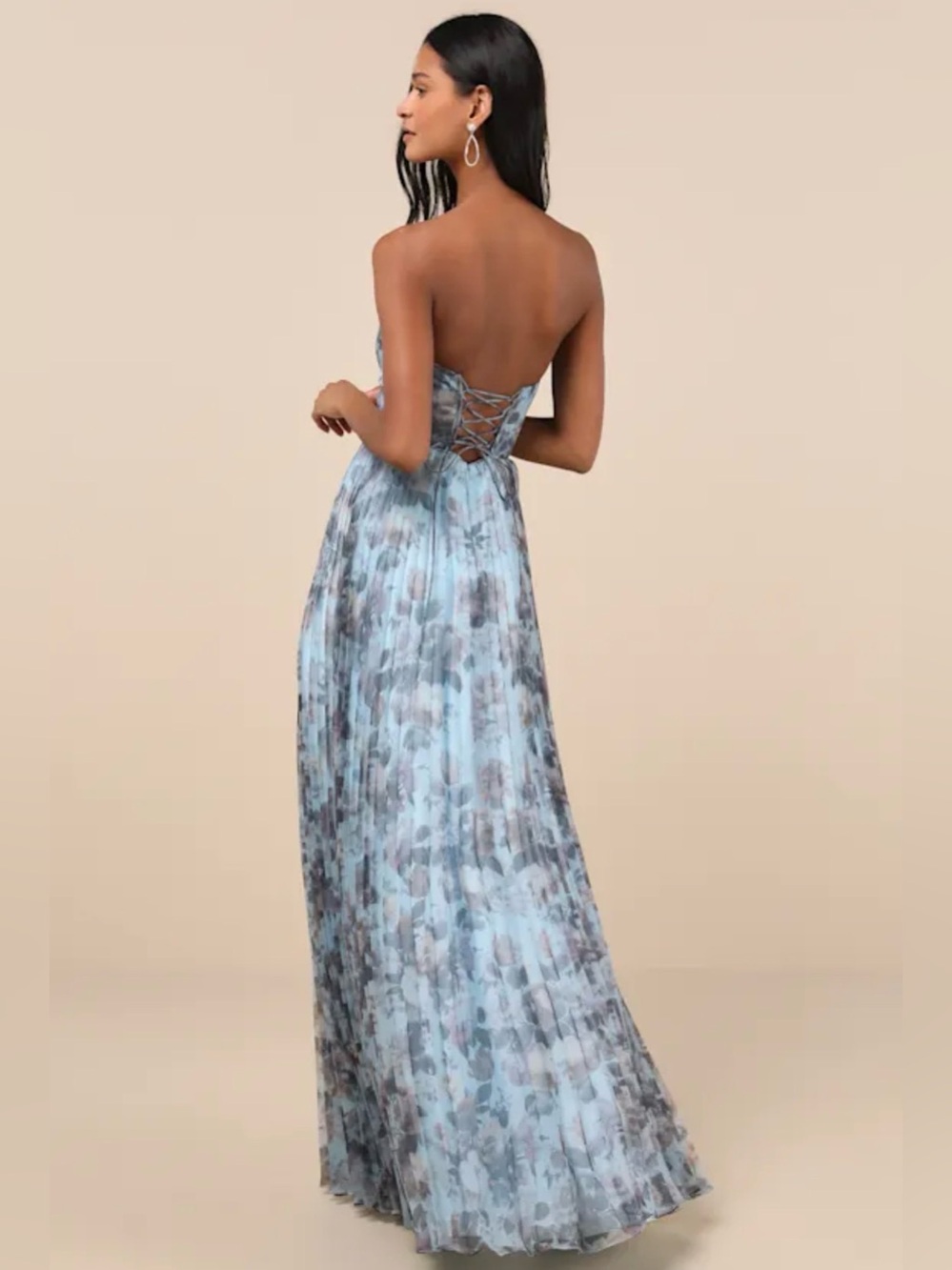 Lulu's Dusty Blue Floral Strapless Pleated Maxi Dress - Picture 2 of 3